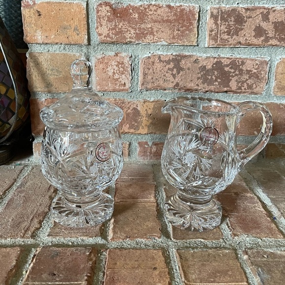 Hand Cut 24% Lead Crystal Made in Poland Creamer & Sugar Set - Picture 1 of 11